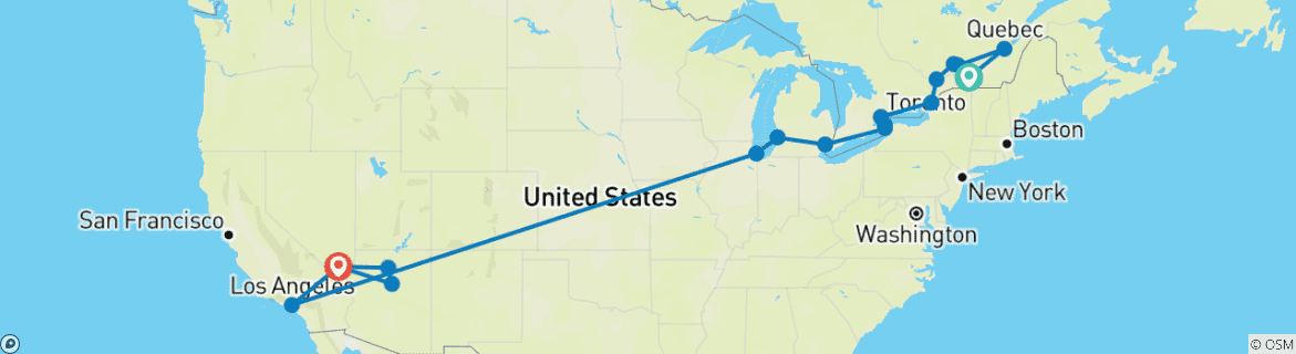 Image of a map showing the route of the tour