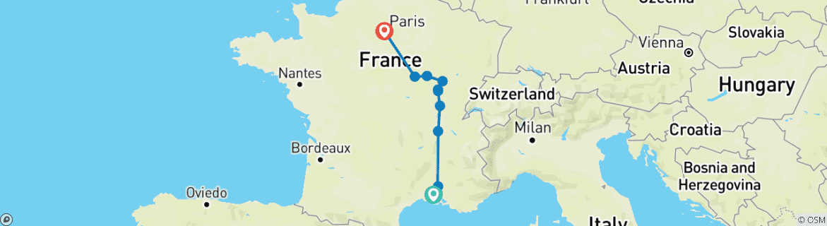 Image of a map showing the route of the tour