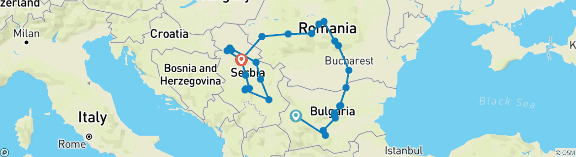 Image of a map showing the route of the tour