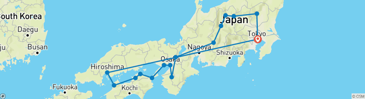 Image of a map showing the route of the tour