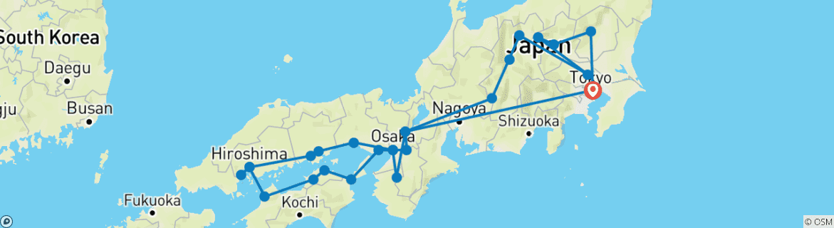 Image of a map showing the route of the tour