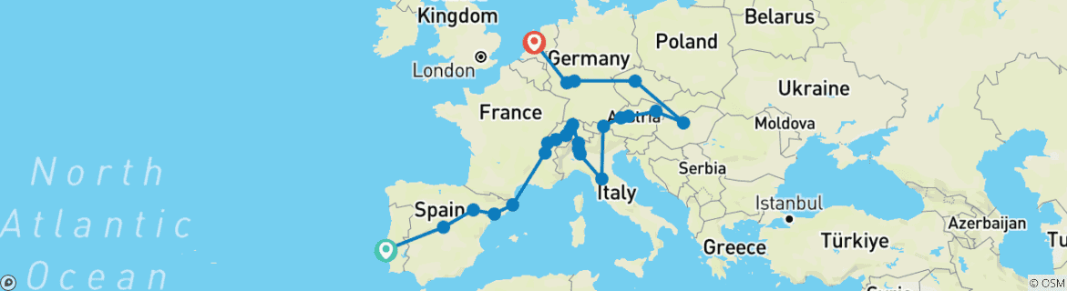 Image of a map showing the route of the tour
