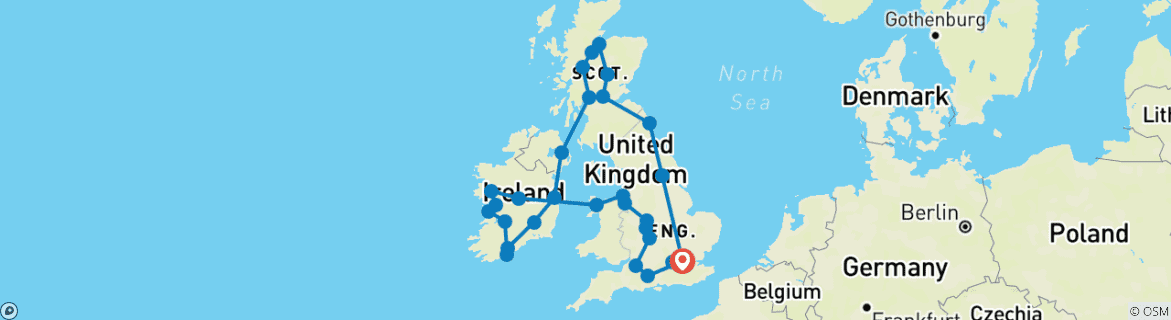 Image of a map showing the route of the tour