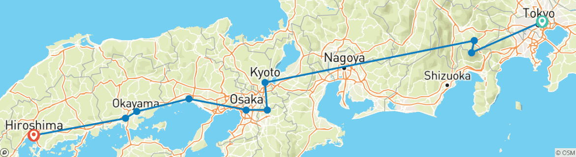 Image of a map showing the route of the tour