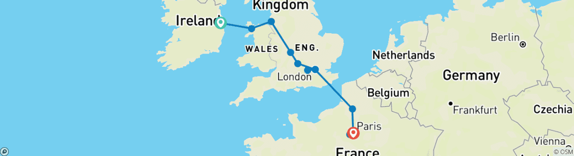Image of a map showing the route of the tour