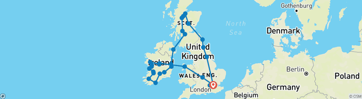Image of a map showing the route of the tour