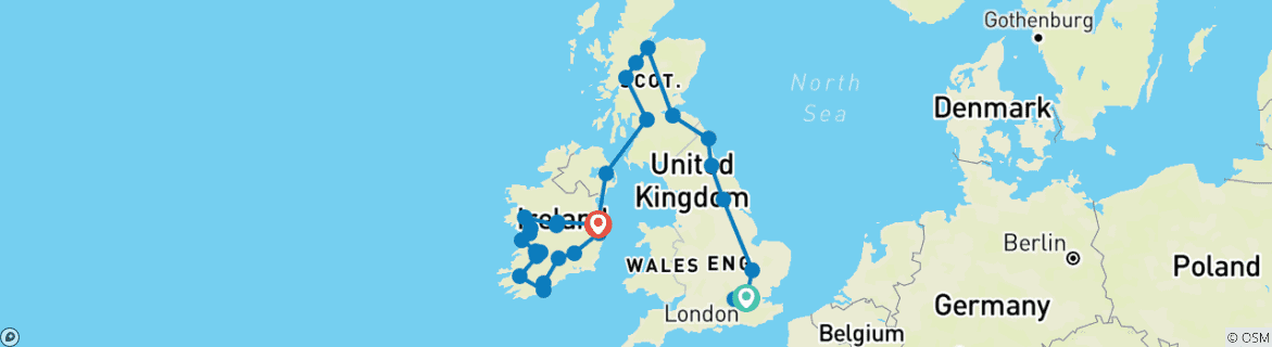 Image of a map showing the route of the tour
