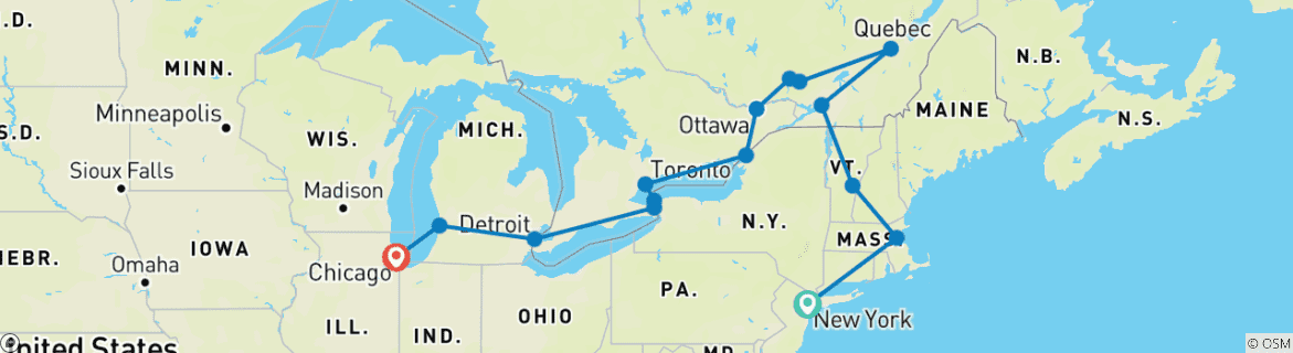 Image of a map showing the route of the tour