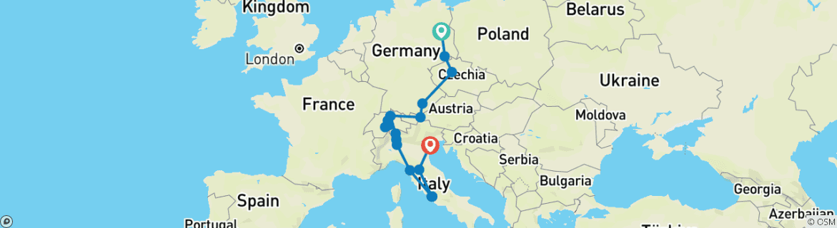 Image of a map showing the route of the tour