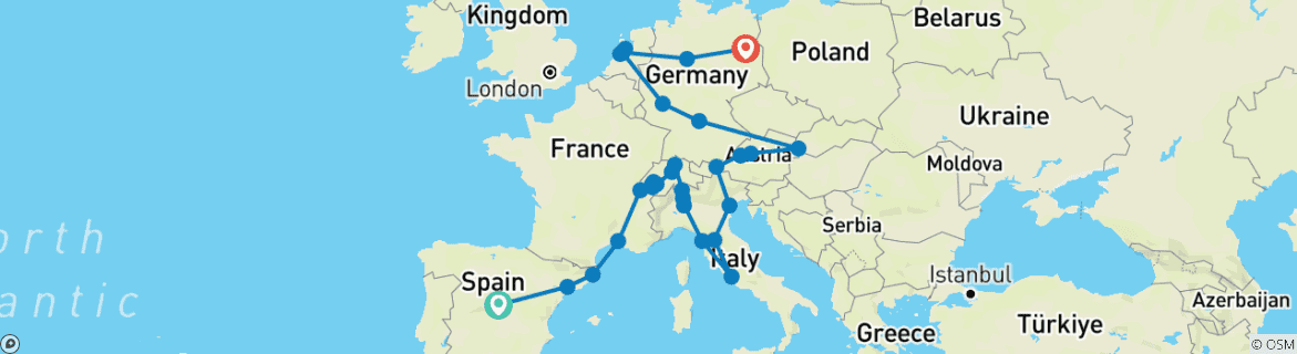 Image of a map showing the route of the tour