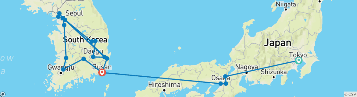Image of a map showing the route of the tour