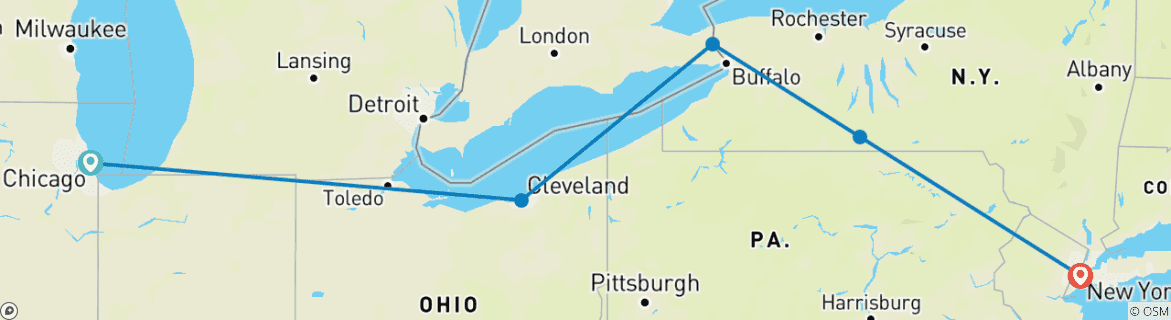 Image of a map showing the route of the tour