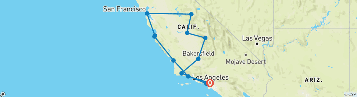 Image of a map showing the route of the tour