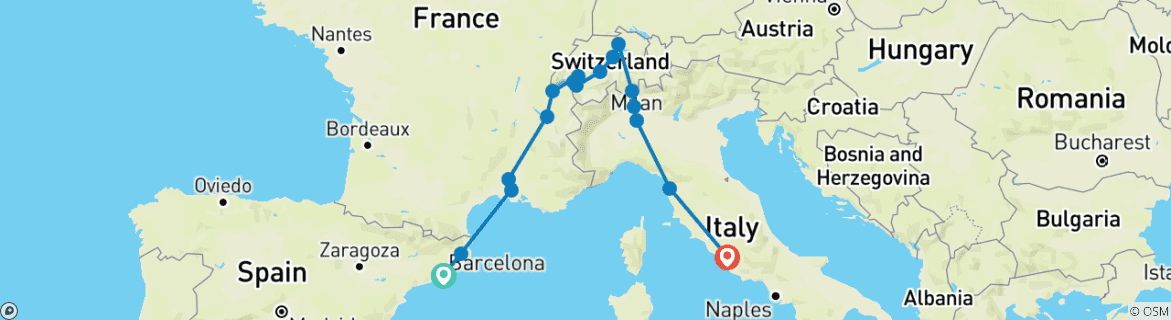 Image of a map showing the route of the tour