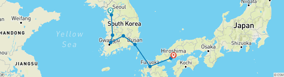Image of a map showing the route of the tour