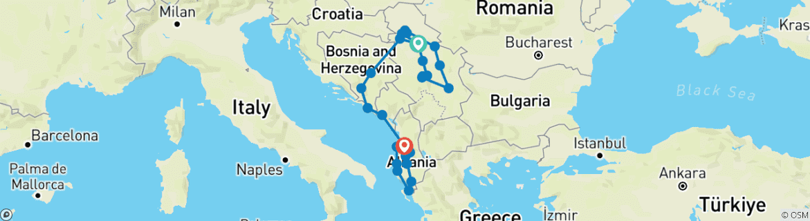 Mapa de De Serbia a Albania
