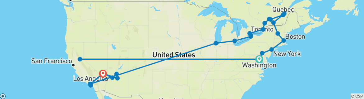 Image of a map showing the route of the tour