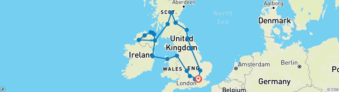 Image of a map showing the route of the tour