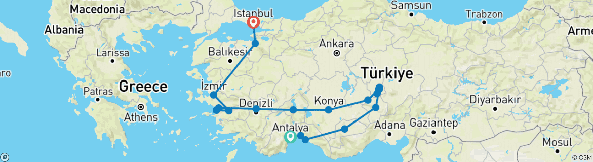 Image of a map showing the route of the tour