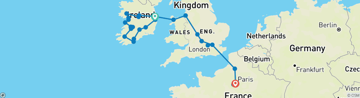 Image of a map showing the route of the tour