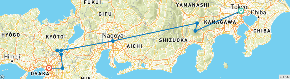 Image of a map showing the route of the tour