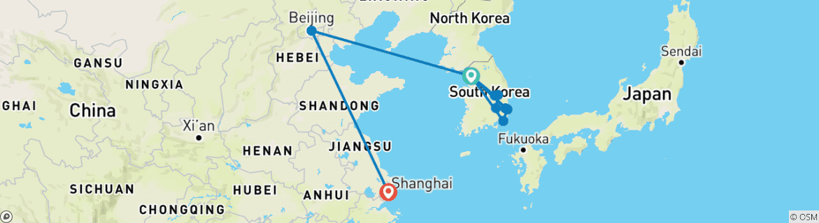 Image of a map showing the route of the tour