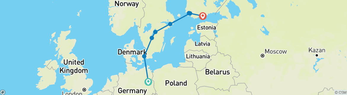 Image of a map showing the route of the tour
