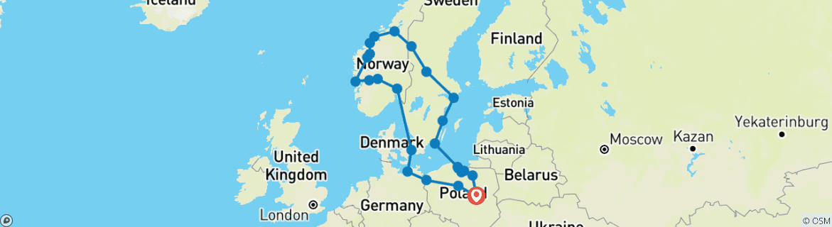 Image of a map showing the route of the tour