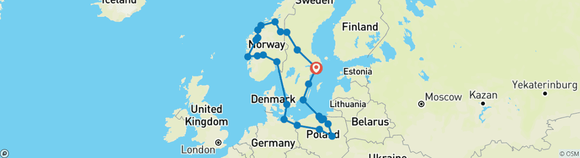 Image of a map showing the route of the tour