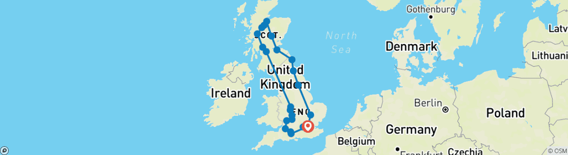 Image of a map showing the route of the tour