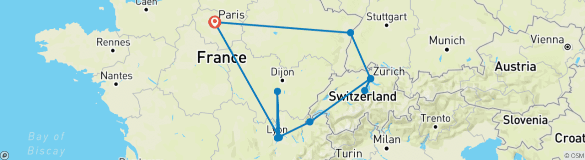 Image of a map showing the route of the tour