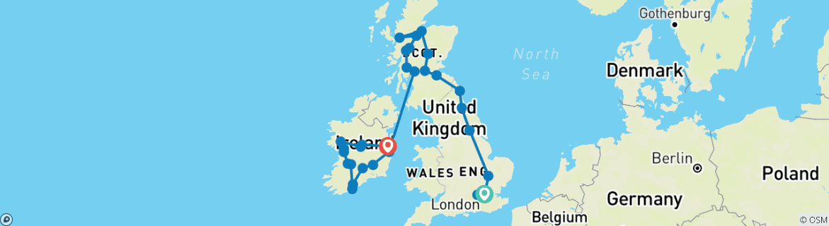 Image of a map showing the route of the tour