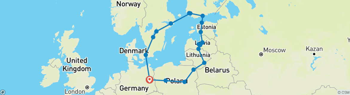 Image of a map showing the route of the tour