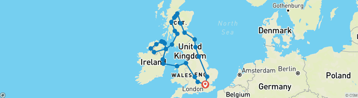 Image of a map showing the route of the tour