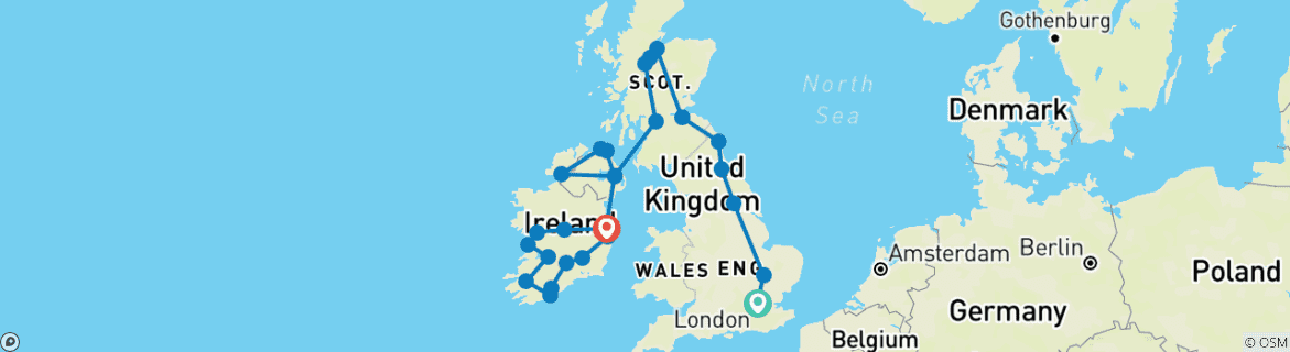 Image of a map showing the route of the tour