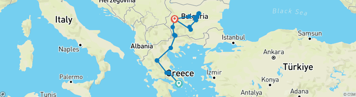 Image of a map showing the route of the tour