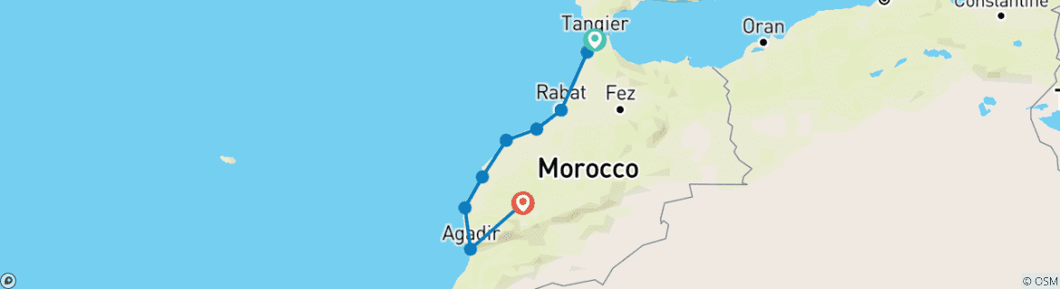 Image of a map showing the route of the tour