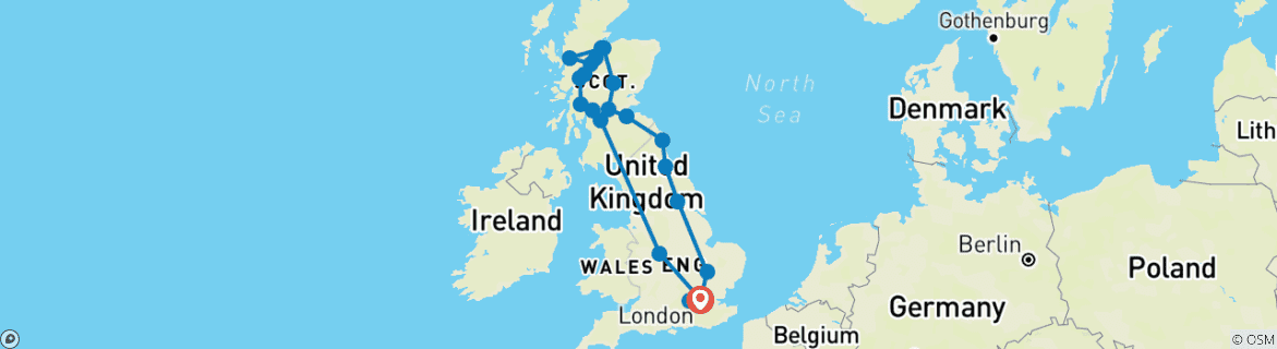Image of a map showing the route of the tour