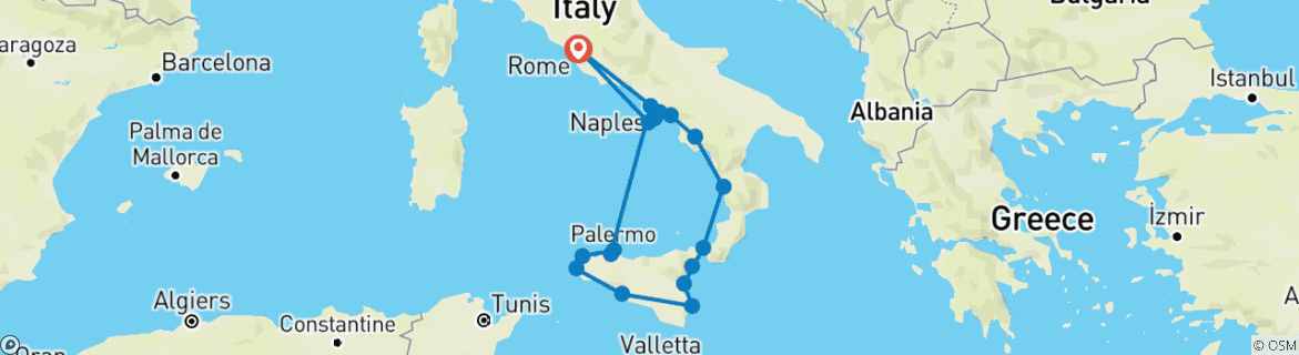 Image of a map showing the route of the tour