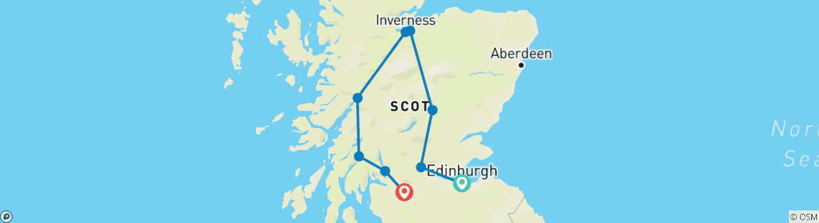 Image of a map showing the route of the tour