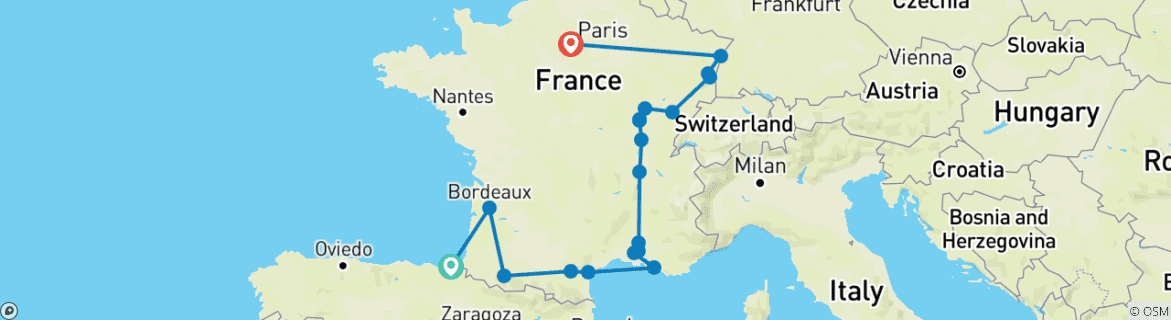 Image of a map showing the route of the tour