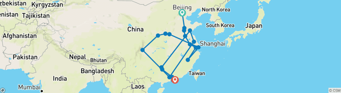 Mapa de El norte y el sur de China, con Hong Kong como destino final (21 destinos)