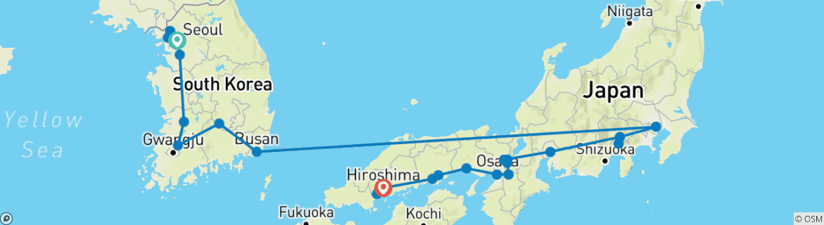 Image of a map showing the route of the tour