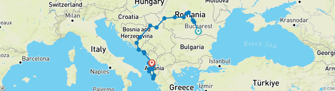 Image of a map showing the route of the tour