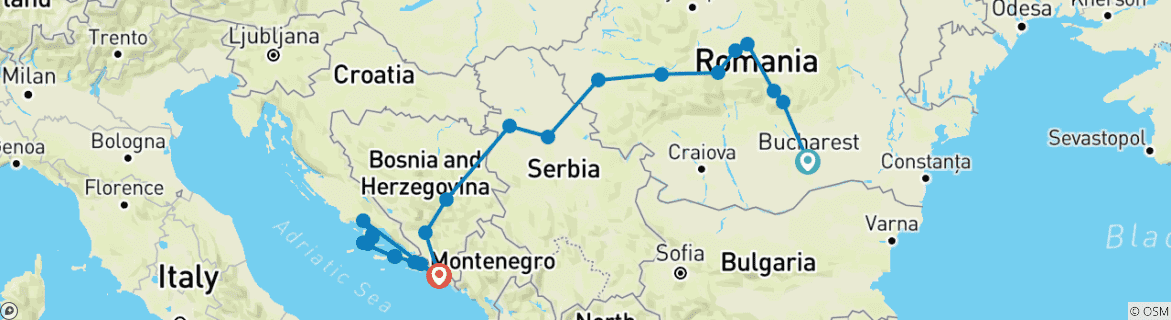 Image of a map showing the route of the tour