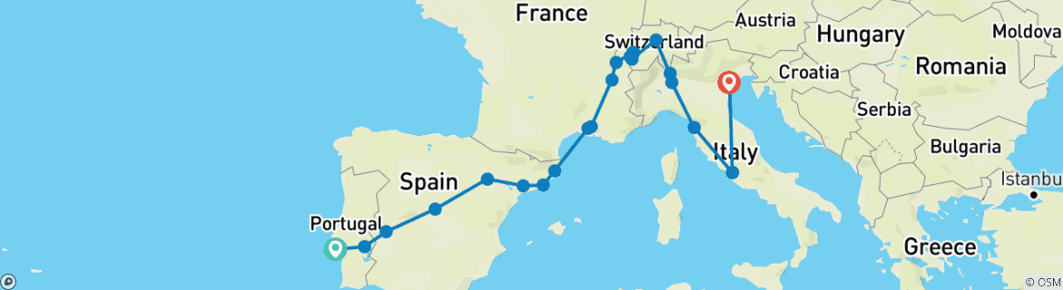 Image of a map showing the route of the tour