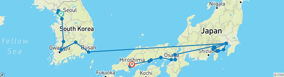 Image of a map showing the route of the tour