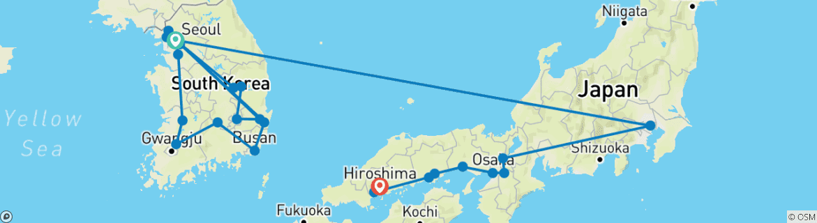 Image of a map showing the route of the tour