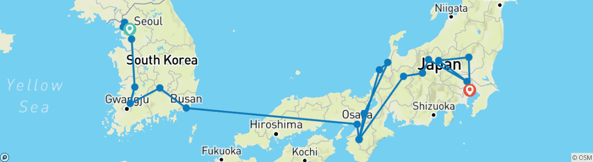 Image of a map showing the route of the tour