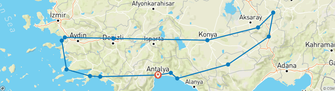 Image of a map showing the route of the tour